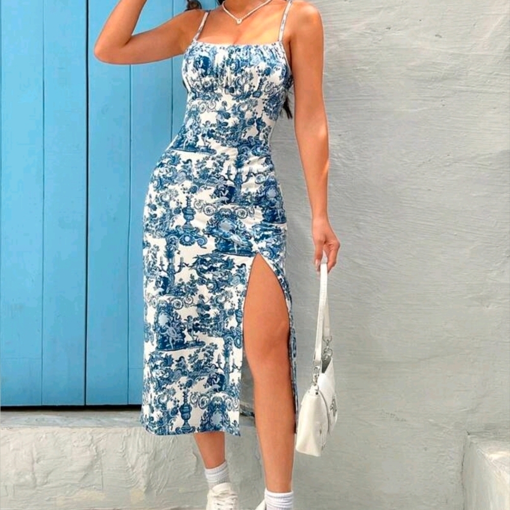 SHEIN Blue and White Toile Print Midi Dress
